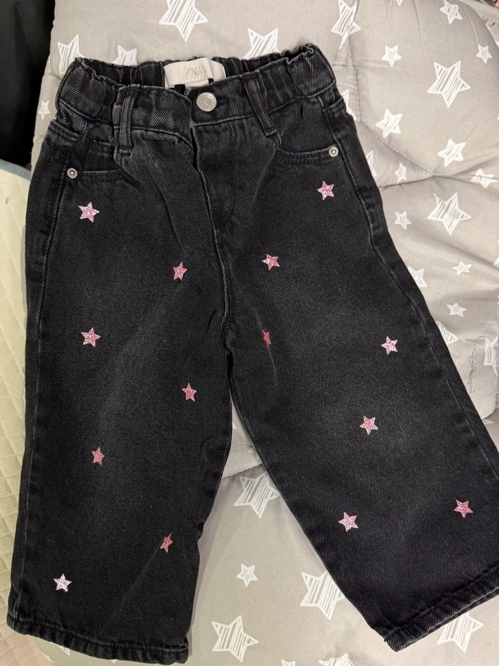 Zara NWOT Black Jeans with Pink Star Embroidery